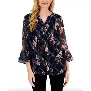 NWT Charter Club Etching Garden Floral Top Shirt Pintuck‎ Navy Blue Petite Small
